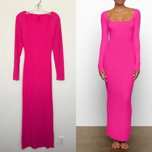SKIMS Fits Everybody Soft Lounge Ribbed Scoop Neck Maxi Dress Hot Pink Women's L - Picture 1 of 8